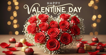 Happy Valentine's Day greeting card with red roses bouquet and chocolate candiesの素材