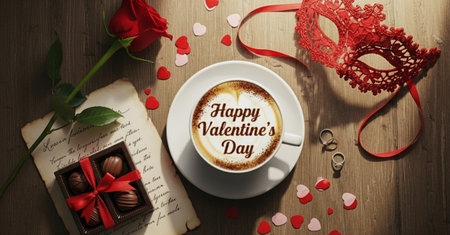 Valentine's day greeting card with cup of coffee and roseの素材