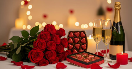 Valentine's day concept with red roses, champagne and chocolateの素材