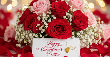Happy Valentines Day card with red roses and petals on bokeh backgroundの素材