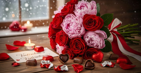 Bouquet of red roses and chocolates on wooden tableの素材