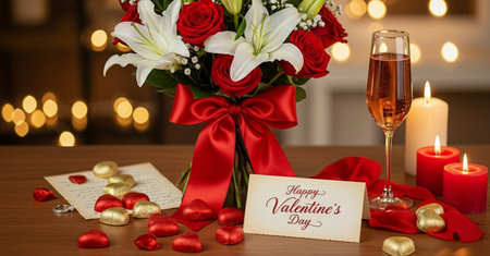 Valentine's day greeting card with red roses, candles and champagneの素材