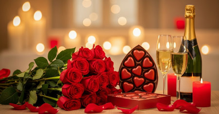 Valentine's day concept with red roses, candles and champagneの素材