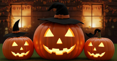 Halloween pumpkins with witch hat on green grass - 3d renderの素材
