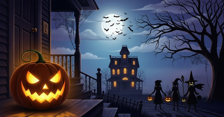 Halloween background with pumpkins, bats and haunted house. Vector illustration.の素材