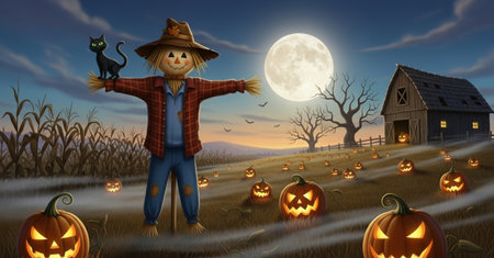 Halloween scarecrow in the field with pumpkins and black catの素材