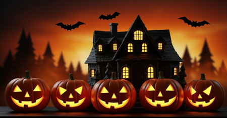 Halloween pumpkins and witch house. Halloween background. 3D renderingの素材