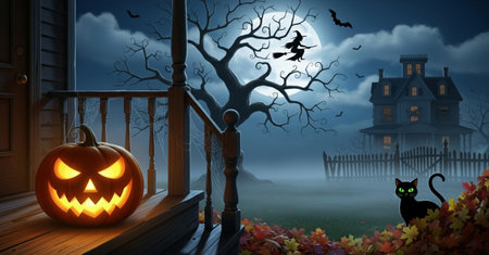 Halloween background with pumpkins in front of a haunted house.の素材