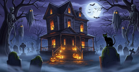 Halloween background with haunted house, pumpkins, ghosts and batsの素材