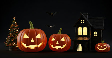 Halloween pumpkins and house on black background. 3d illustrationの素材