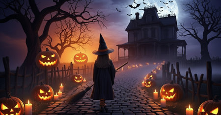 Halloween background with a witch and a castle. 3d renderingの素材