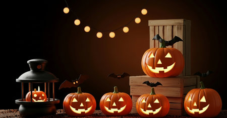 Halloween pumpkins and lanterns on dark background 3D renderingの素材