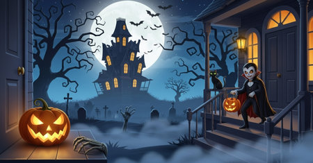 Halloween background with pumpkins in front of a haunted house.の素材