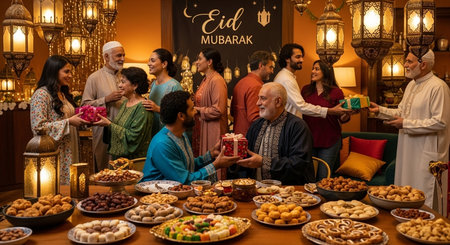 Muslim family celebrating Eid al-Fitr.の素材