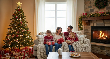 Happy family sitting on sofa in living room with Christmas tree and fireplaceの素材