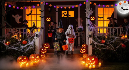 Group of children in halloween costumes having fun on Halloween nightの素材