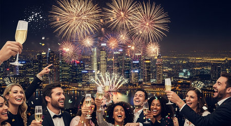 Happy business people clinking glasses with champagne and celebrating new year over night cityscape backgroundの素材