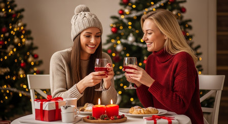 Two young women with glasses of wine at table in room decorated for Christmasの素材