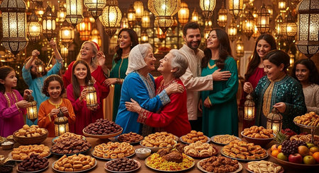 Happy muslim family celebrating ramadan feast at night in the mosqueの素材