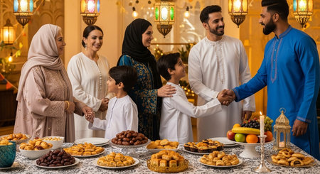 Muslim family praying together at the table during Ramadan Kareem celebration.の素材
