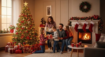 Happy family with two kids opening Christmas presents in living room at homeの素材