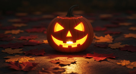 Halloween pumpkin on autumn leaves background. 3d render illustration.の素材