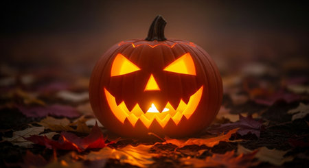 Halloween pumpkin with scary face on autumn leaves background. Jack o lanternの素材