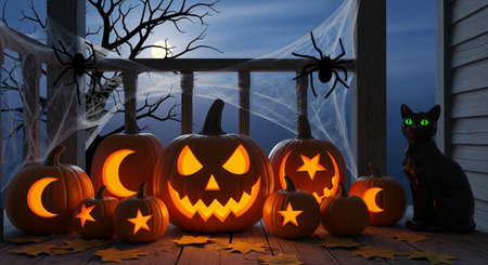 Halloween pumpkins in front of porch at night 3D renderingの素材