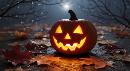 Halloween pumpkin on a background of autumn leaves. Halloween background.の素材