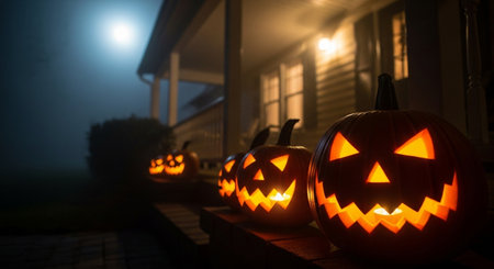 Halloween pumpkins in front of the house at night. Selective focusの素材