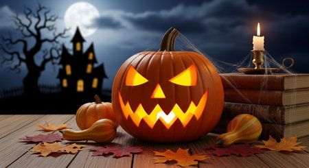 Halloween pumpkin with books and candles on wooden deck. 3d illustrationの素材
