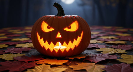 Halloween pumpkin with candle on autumn leaves background, 3d renderの素材