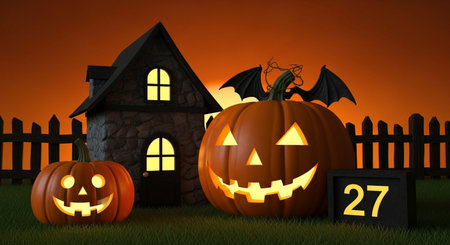 Halloween pumpkins in front of haunted house - 3D renderの素材