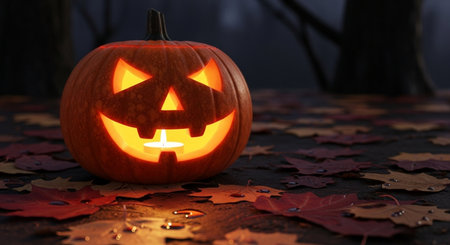 Halloween pumpkin with scary face on dark background, 3d renderの素材