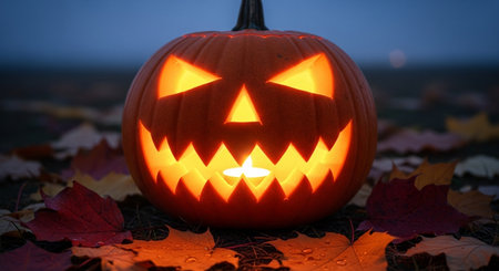 Halloween pumpkin with burning candle on the background of autumn leaves.の素材