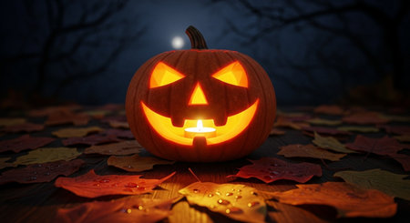 Halloween pumpkin head jack o lantern on autumn leaves background with copy spaceの素材