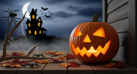 Halloween pumpkin on wooden table, 3d rendering. Computer digital drawing.の素材