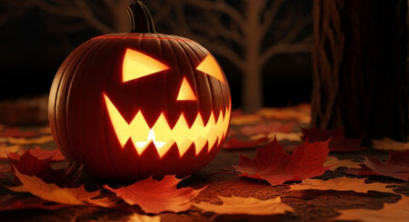 Halloween pumpkin on autumn leaves background, halloween concept.の素材