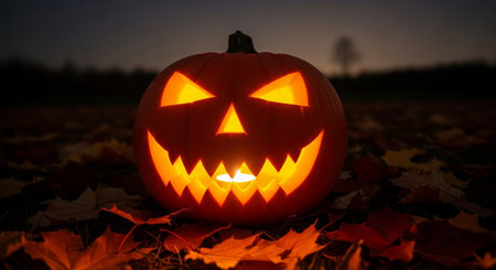 Halloween pumpkin on the background of autumn leaves. Jack-o-lanternの素材