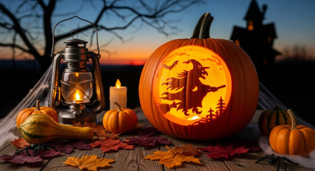 Halloween pumpkins on the background of the autumn landscape. Halloween decoration.の素材