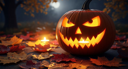 Halloween pumpkin with burning candles on autumn leaves background, 3d renderの素材