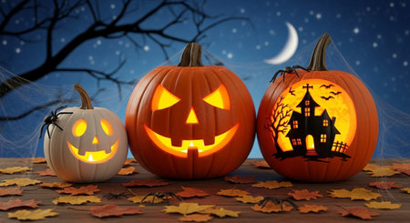 Halloween pumpkins on wooden table, 3d render illustration.の素材