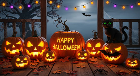 Halloween pumpkins with scary faces on wooden porch, 3d renderの素材