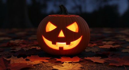 Halloween pumpkin with scary face on dark background, 3d renderの素材