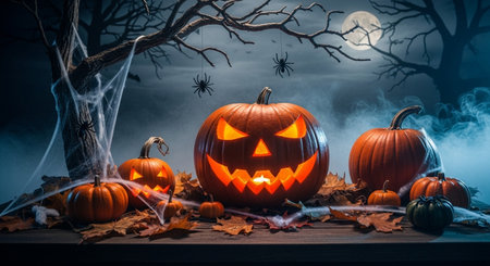 Halloween pumpkins on dark background with moonlight, spiders and batsの素材