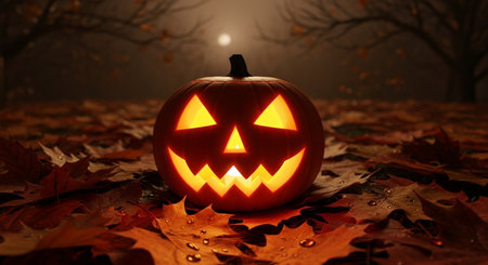 Halloween pumpkin head jack o lantern on autumn leaves background with copy spaceの素材