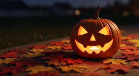 Halloween pumpkin with autumn leaves on wooden background. Selective focus.の素材