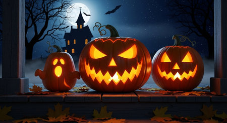 Halloween pumpkins in front of haunted house at night 3D renderingの素材