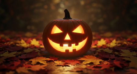 Halloween pumpkin head jack-o-lantern on autumn leaves backgroundの素材