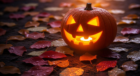 Halloween pumpkin head jack o lantern with autumn leaves on dark backgroundの素材